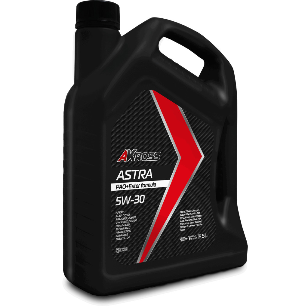 Масло моторное полностью синтетическое AKross Astra SAE 5W-30 API SP ACEA C2/C3 PAO+Ester formula канистра 5 л