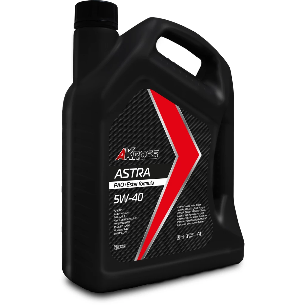 Масло моторное полностью синтетическое AKross Astra SAE 5W-40 API SP ACEA A3/B4 PAO+Ester formula канистра 4 л